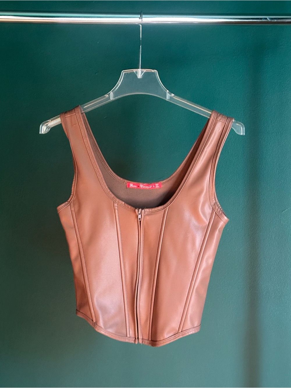 Faux Leather Brown Zip-Front Tank Top